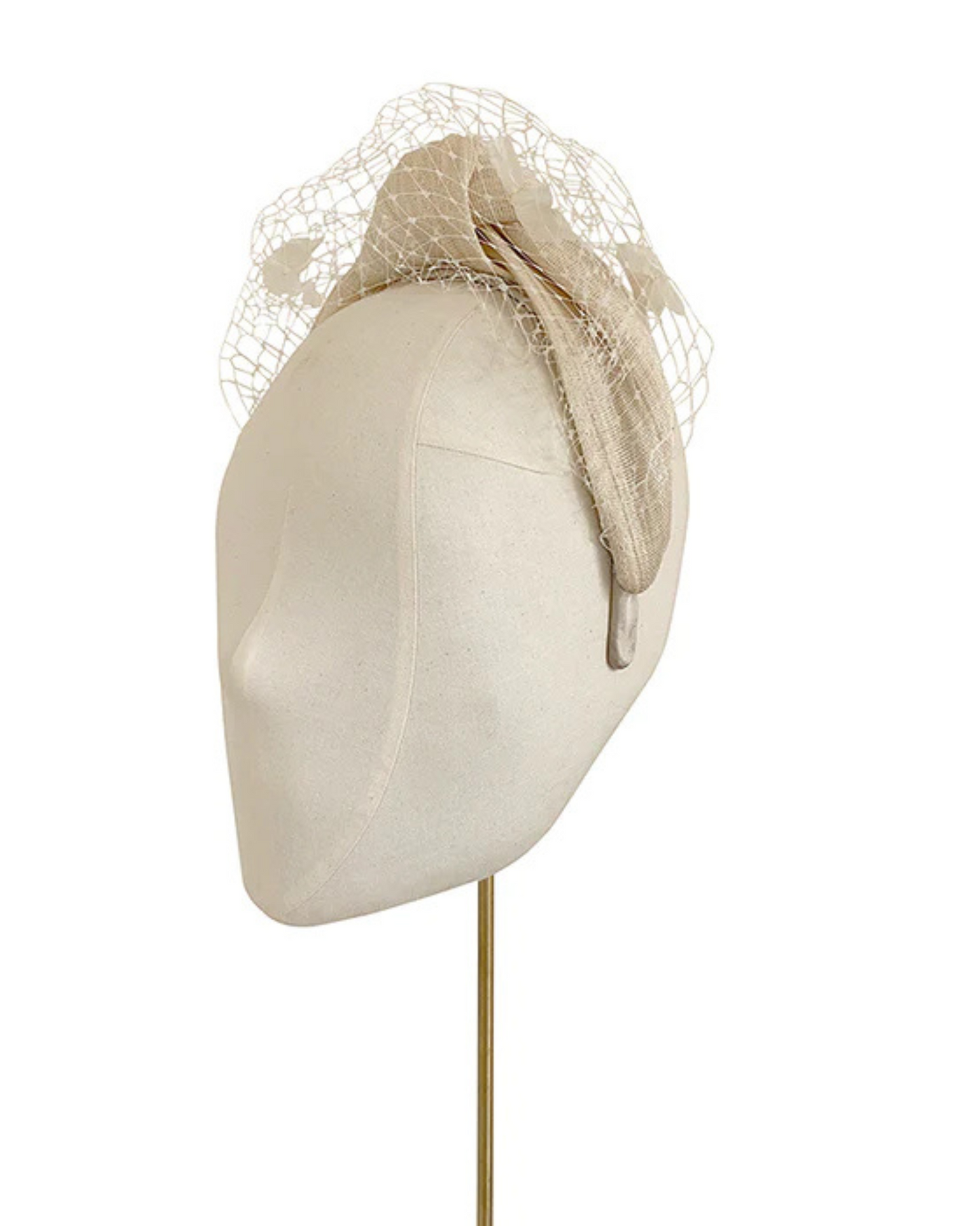 100% Silk sinamay headband with removable French Voilette and stabilised hydrangea petals
